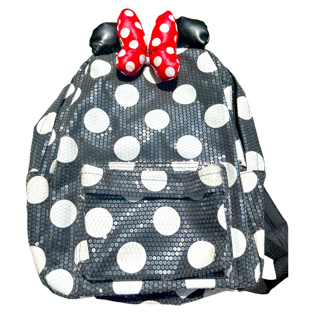 Disney Parks Minnie Mouse Polka Dot Sequin Backpack Bag Bow And Ears FULL SIZE